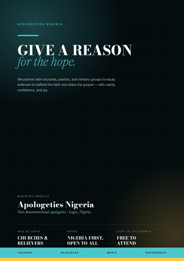 Cover of the Apologetics Nigeria ministry profile: Give a reason for the hope.